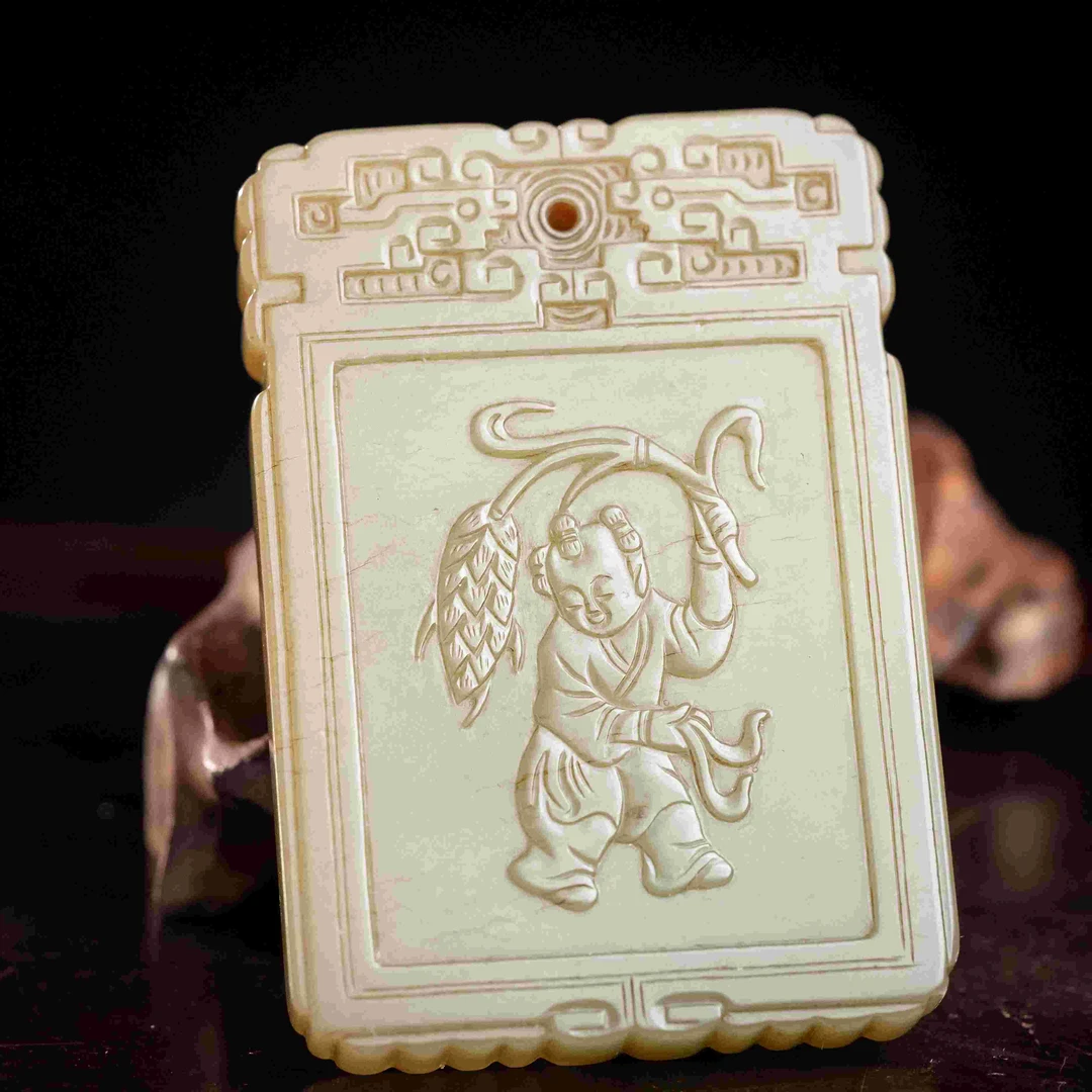 清代和田玉持穗童子诗文牌-NX