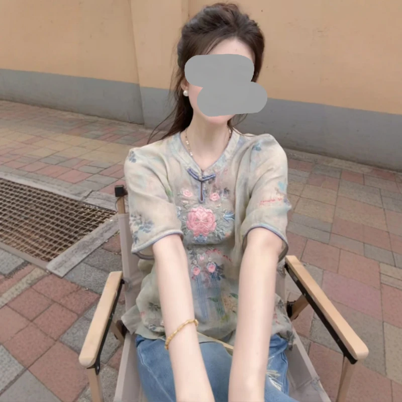 新中式国风中袖刺绣衬衫女2025夏季新款宽松大码立领盘扣小衫上衣