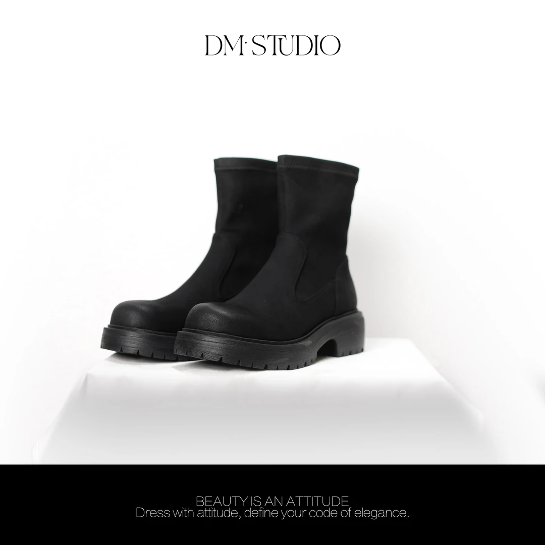 DEDM•STUDIO/气质英伦风中筒黑色磨砂弹力厚底靴子2508XZ/7828-3