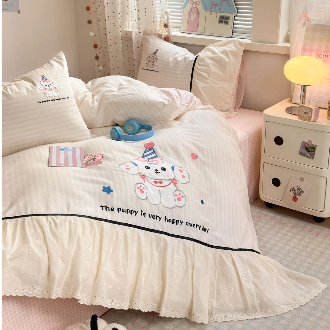 小玲子 旺财贴布绣 全棉纯棉三件套四件套 花边刺绣工艺 可爱风