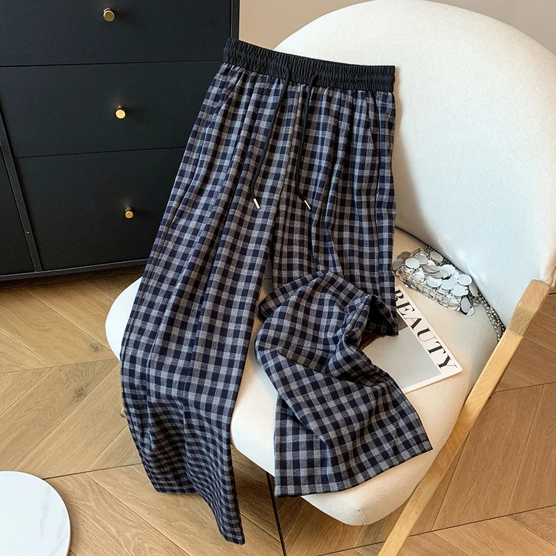 2025秋季新款美式复古格子百搭阔腿裤子女慵懒风垂感直筒休闲裤潮