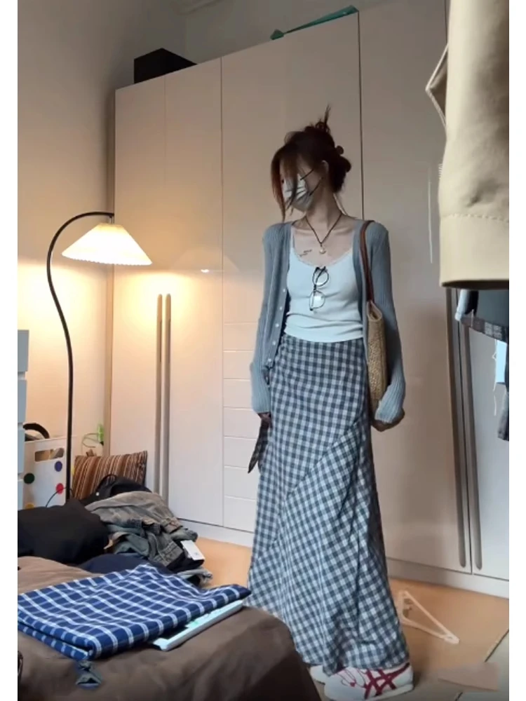 格子系带包臀裙a字半身裙女春夏小个子高腰垂坠感长裙气质半裙子