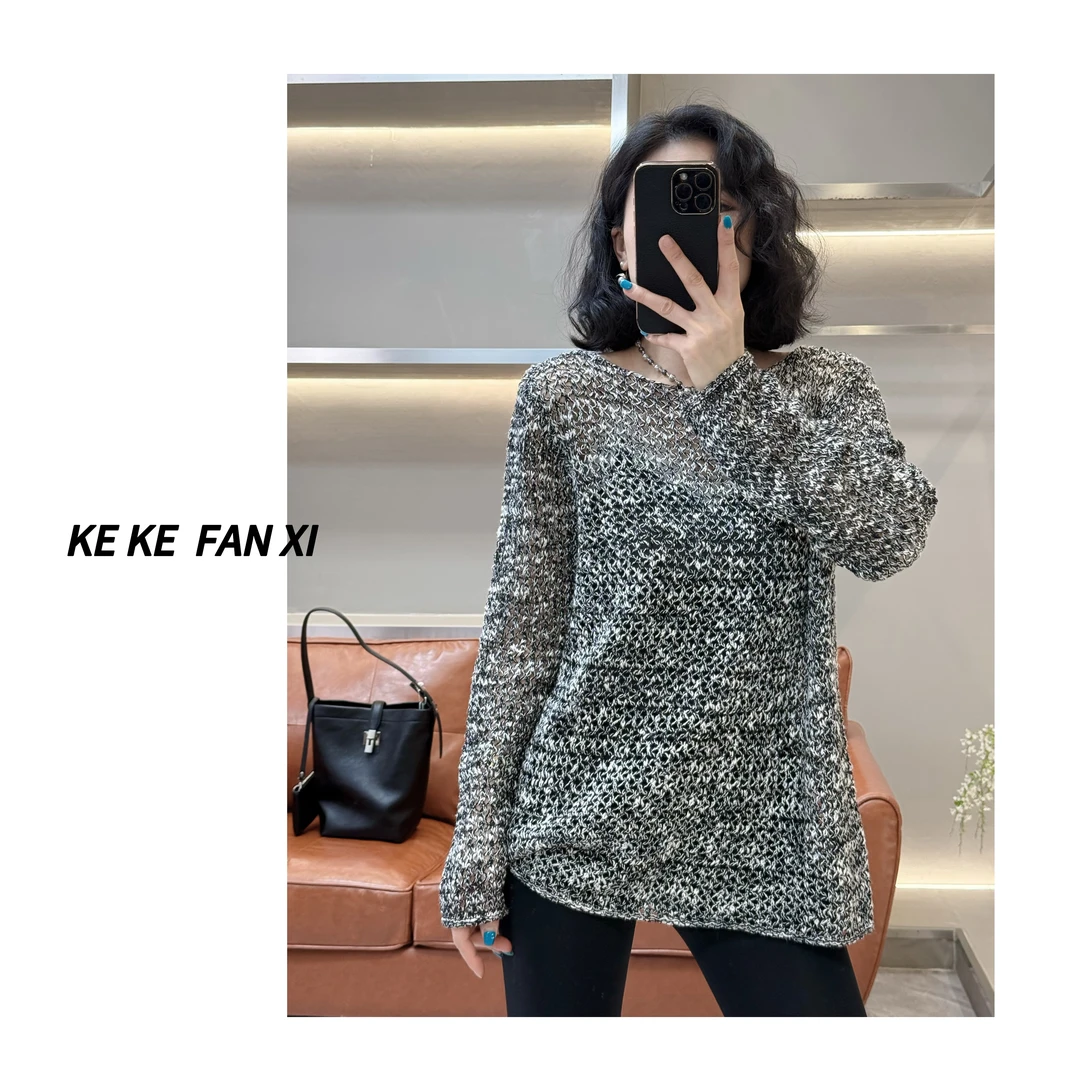 8882灰色镂空长袖上衣时尚休闲宽松套头气质春夏百搭