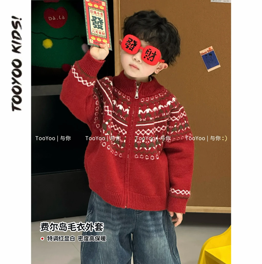 【TOOYOO冬12.11】3028新年费尔岛开衫毛衣 厚实 特定红毛衣外套
