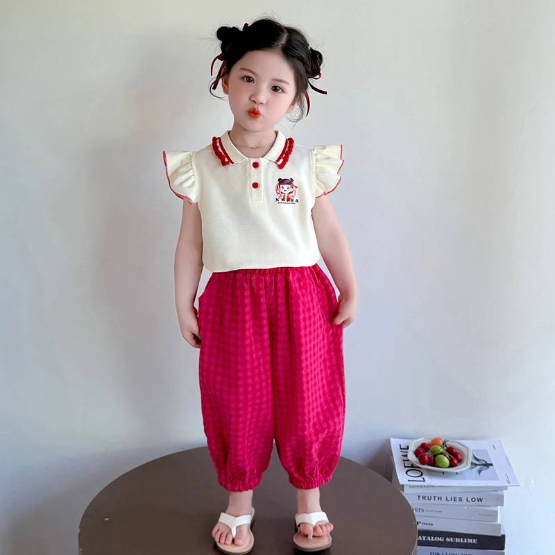女童飞袖套装夏季新款儿童POLO衫防蚊裤洋气宝宝哪吒无袖两件套潮