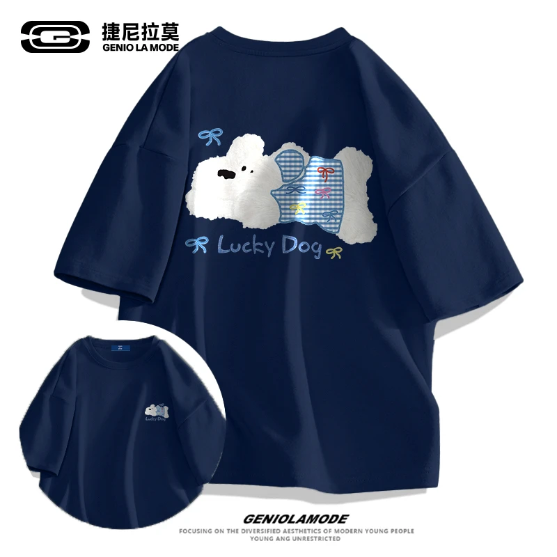 GENIOLAMODE日系纯棉t恤男夏季休闲潮流半袖设计感百搭情侣款短袖