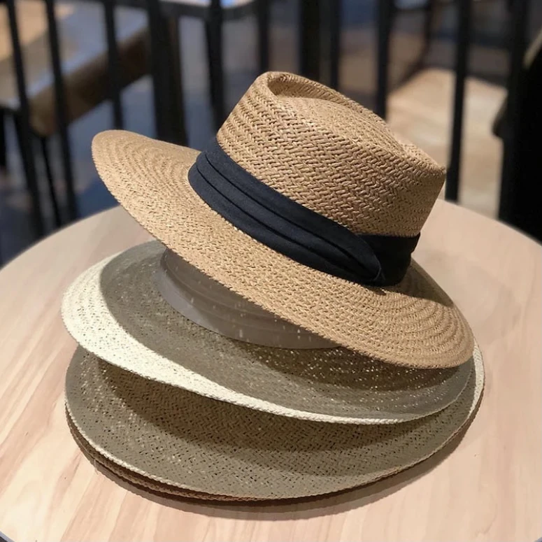 法式平顶草帽女2025新款夏季大檐草编遮阳帽度假出游百搭太阳帽子