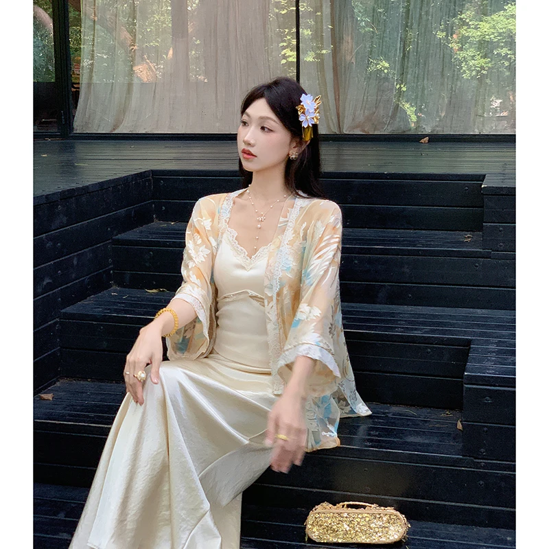 果果家【挽流光】新中式2025女士薄款提花夏款中国风复古开衫半身裙