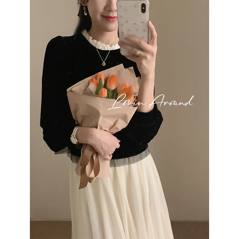 LOVIN AROUND【丝绒感】法系简意轻奢半高领丝绒高级感长袖衬衫