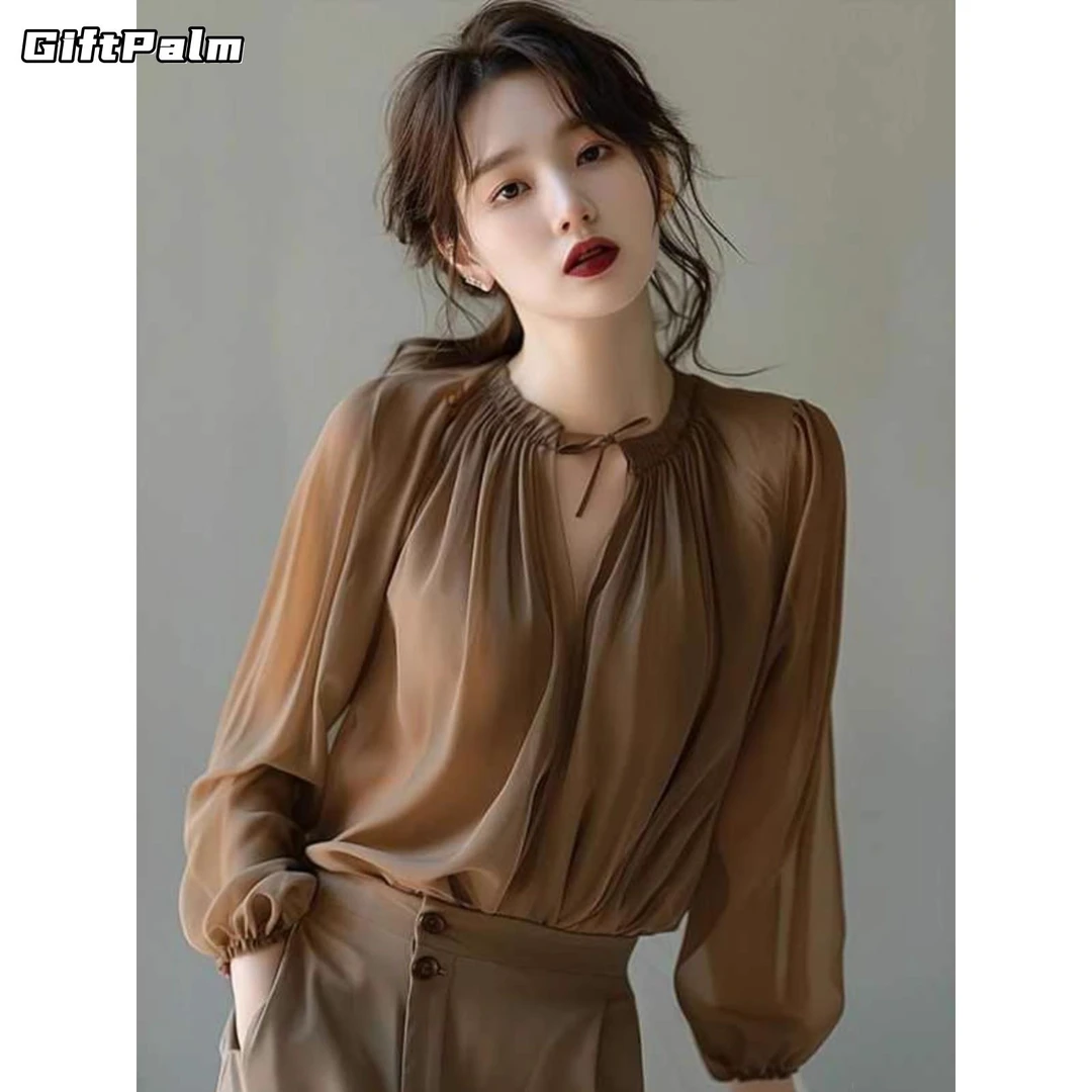 GiftPalm法式V领长袖衬衫女新款气质通勤职业衬衣宽松慵懒风上衣