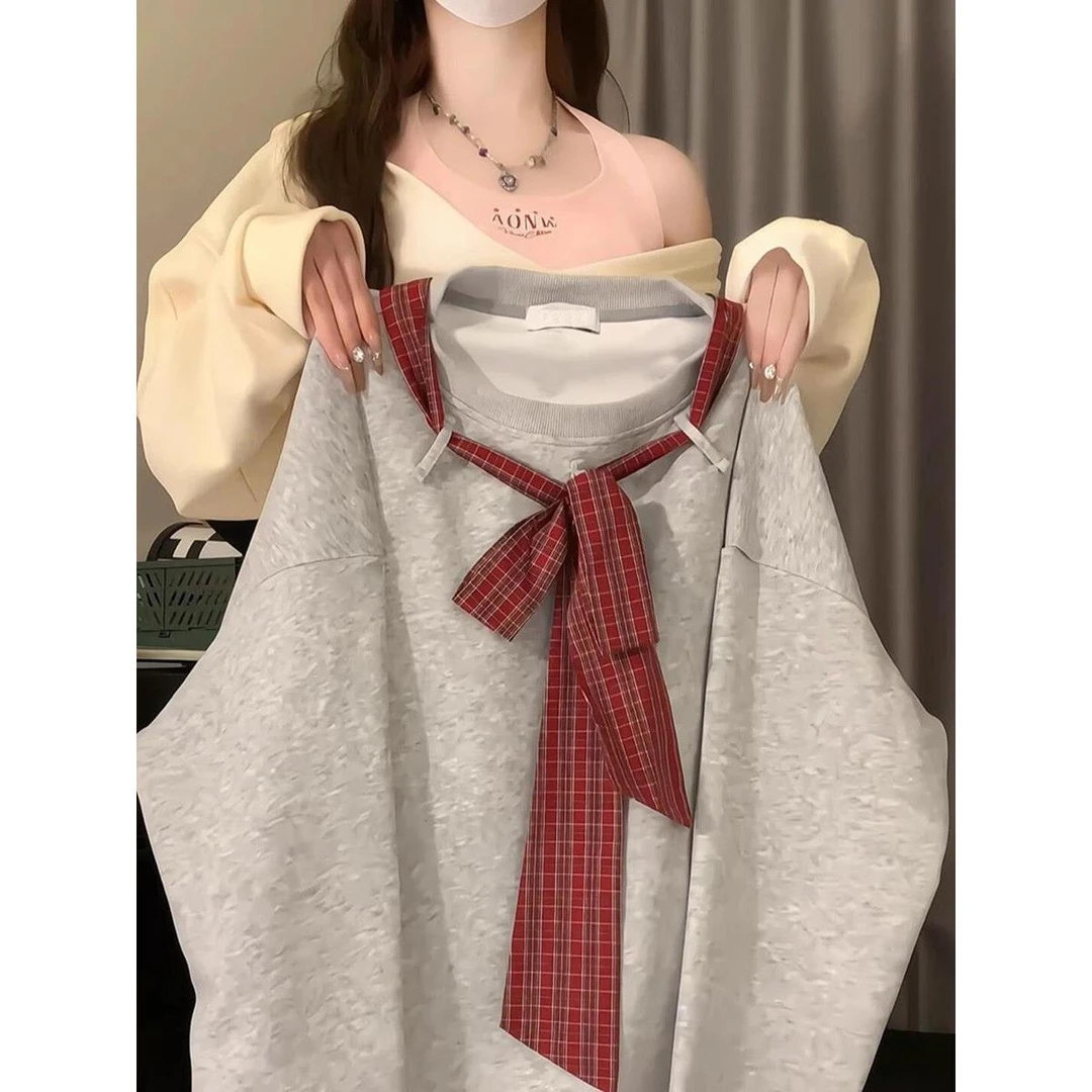 美式复古系带拼接撞色卫衣女秋宽松oversize设计感休闲百搭外套