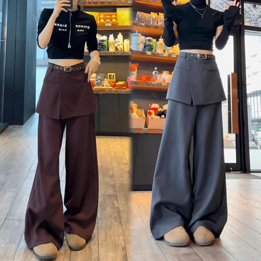 假两件垂感阔腿裤西装裤女春季新款设计感显瘦屁帘裤裙拖地休闲裤