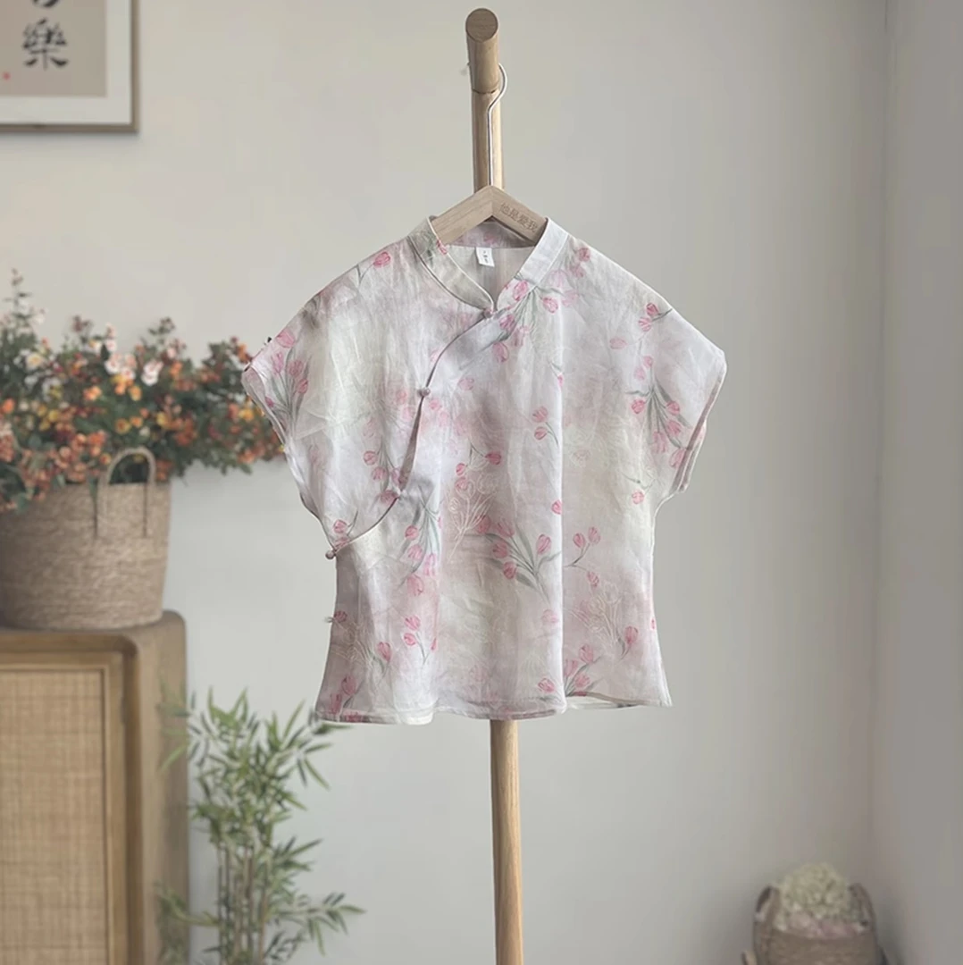 【浔花间】新中式气质印花斜襟小衫高级感国风甜美上衣