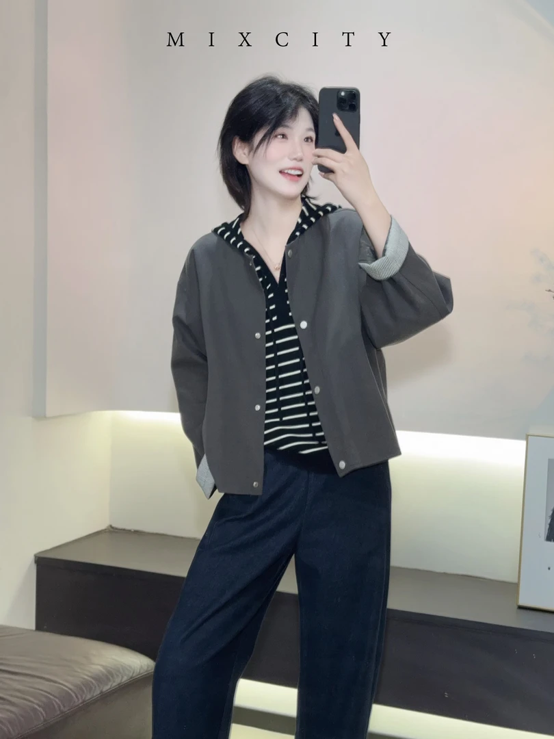 【亚楠本楠】圆领外套◆文艺知性条纹翻袖单排扣圆领夹克外套8270