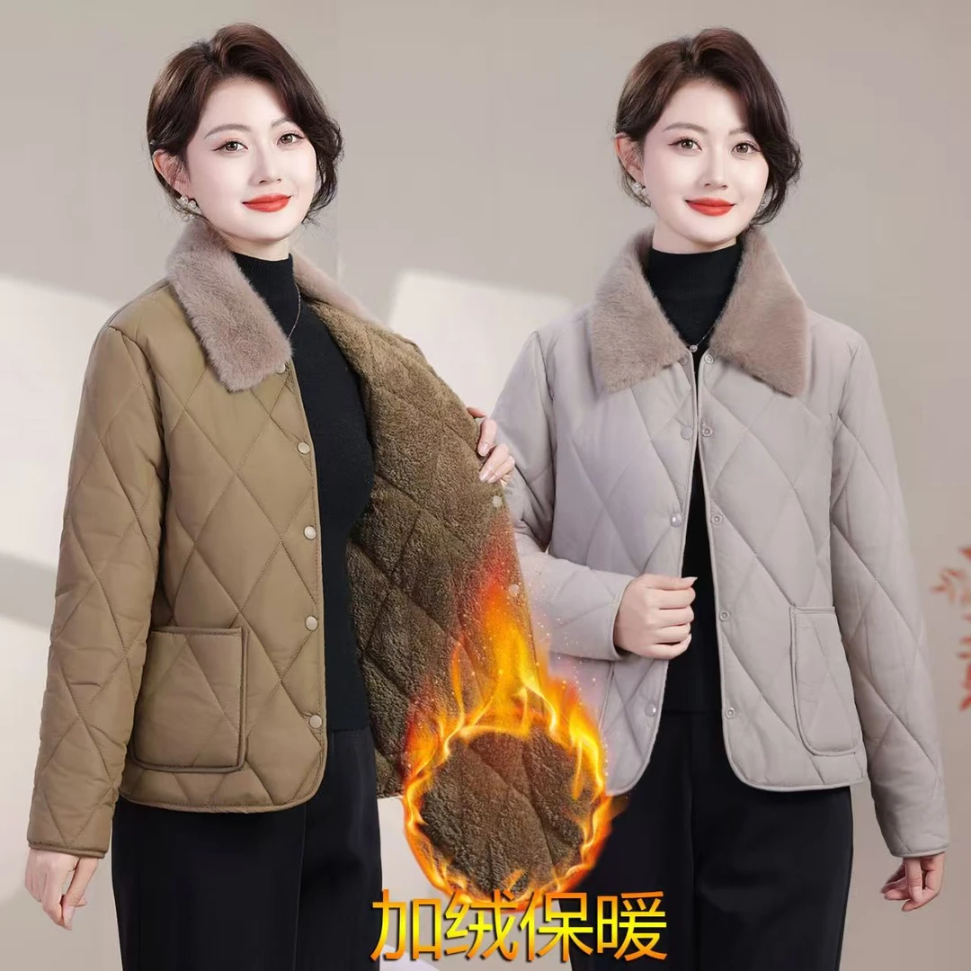2025女士翻领毛领加绒加厚棉服中老年冬季妈妈装百搭夹棉短款棉袄