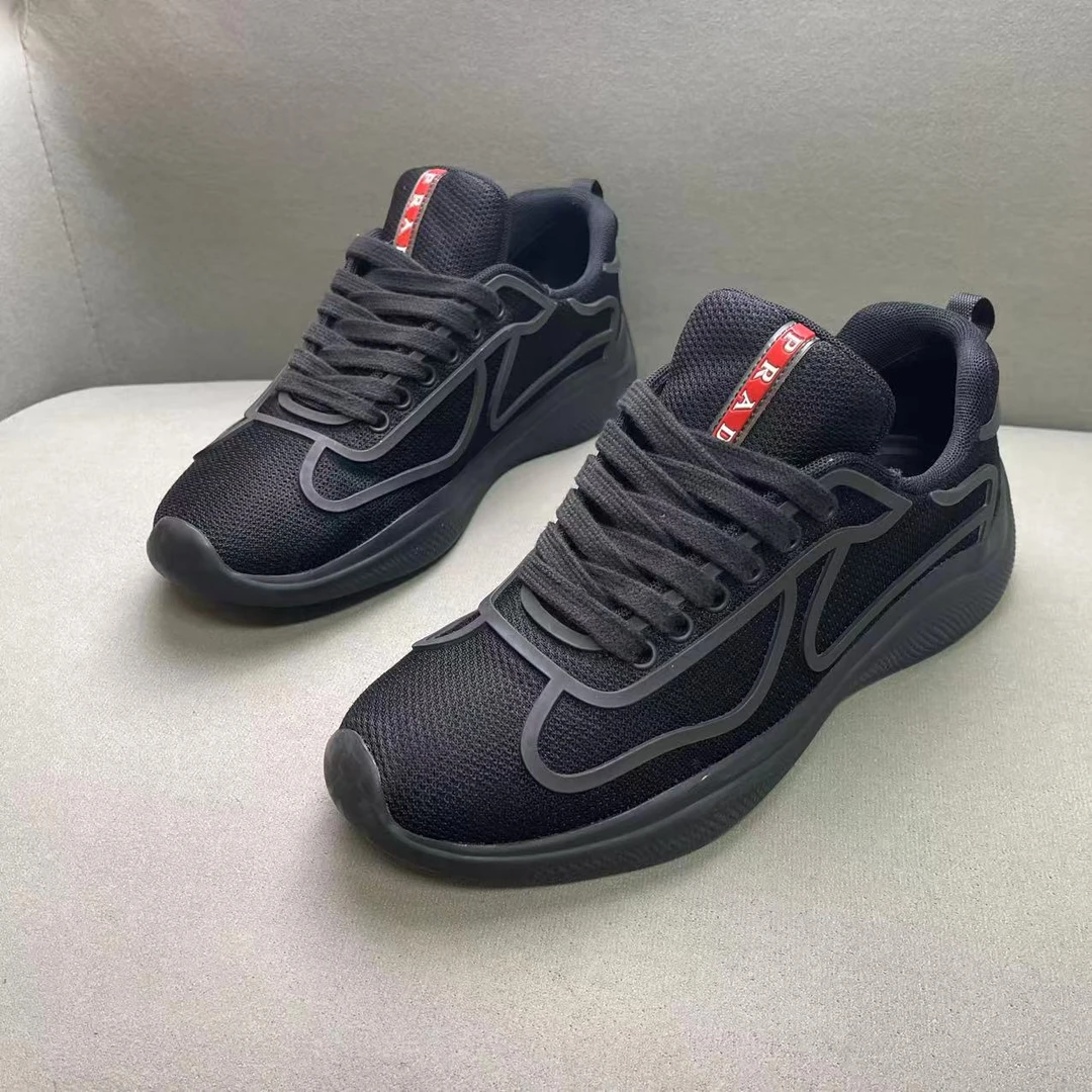 99新 Prada/普拉达 黑色网面鞋舌红标logo时尚百搭运动鞋 40.5码