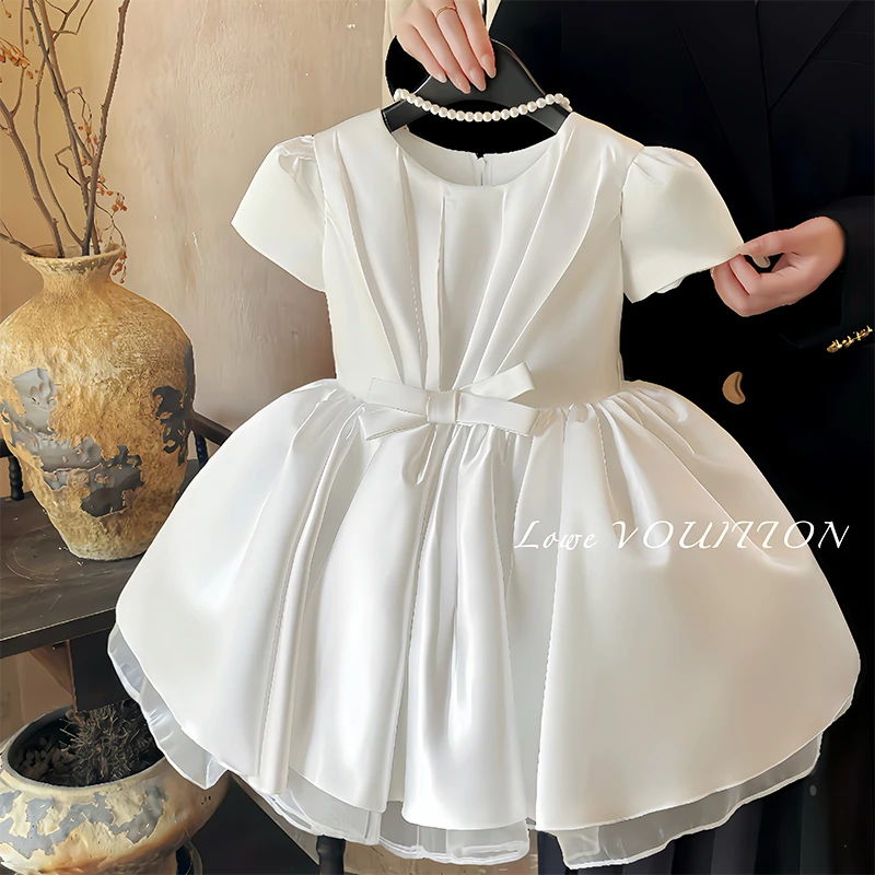 高级感女童白色连衣裙夏装女宝宝周岁生日儿童演出礼服裙子蓬蓬裙