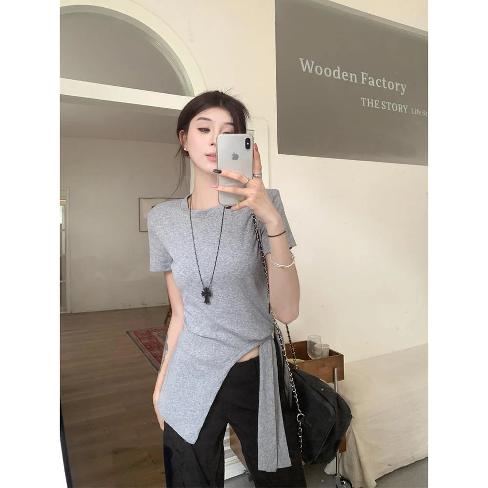 不规则开叉系带短袖T恤女2025春季新款设计感时尚显瘦小众上衣潮