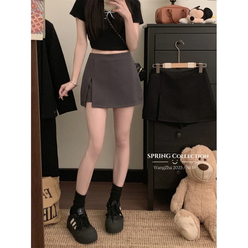 韩版辣妹侧边开叉半身裙夏季西装高腰显瘦A字包臀气质防走光裙裤