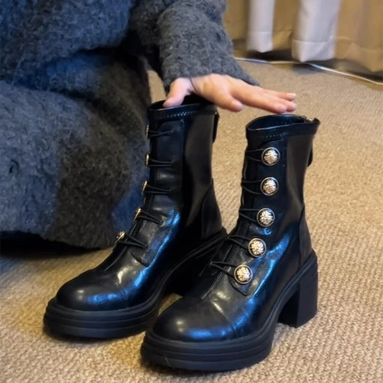 头层牛皮马丁靴厚底高跟短靴女2025新款秋冬季徽章小金扣瘦瘦靴子