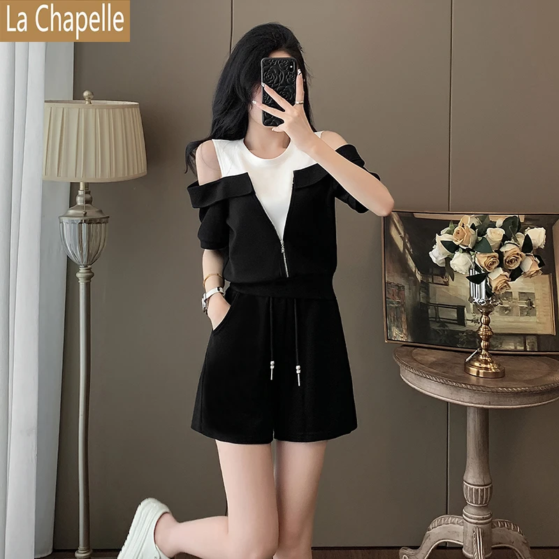 拉夏贝尔休闲套装女夏季新款小个子撞色假两件露肩短袖短裤两件套