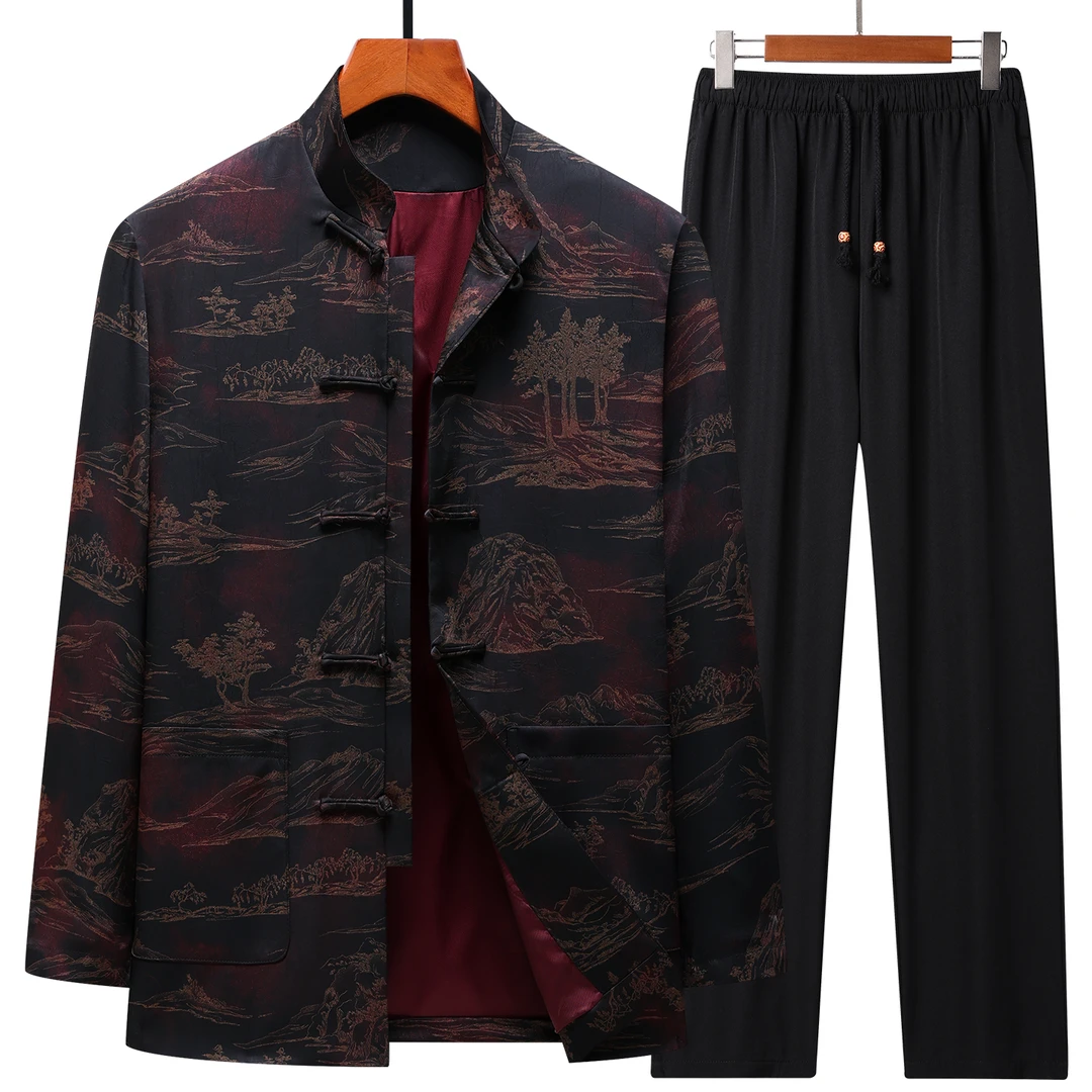 中老年唐装男爸爸春秋款夹克外套新中式国风套装爷爷老年人两件套