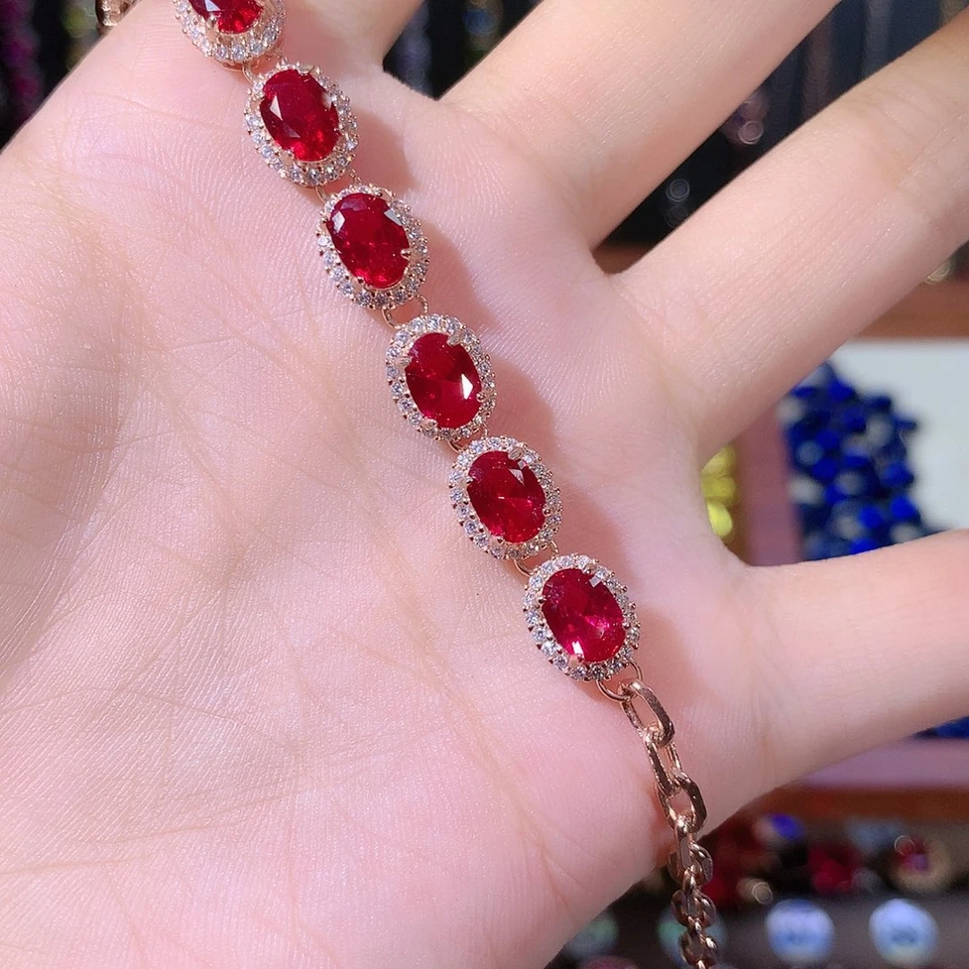 银S925镶嵌手链红宝石酒红玫瑰金