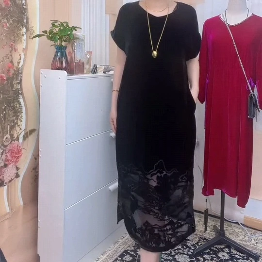 短袖蕾丝裙摆设计真丝丝绒女士气质优雅连衣裙
