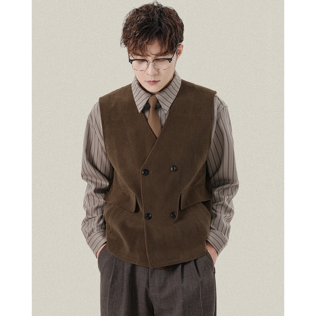 二八先生复古灯芯绒双排扣马甲老钱风男士春秋季V领内搭无袖坎肩