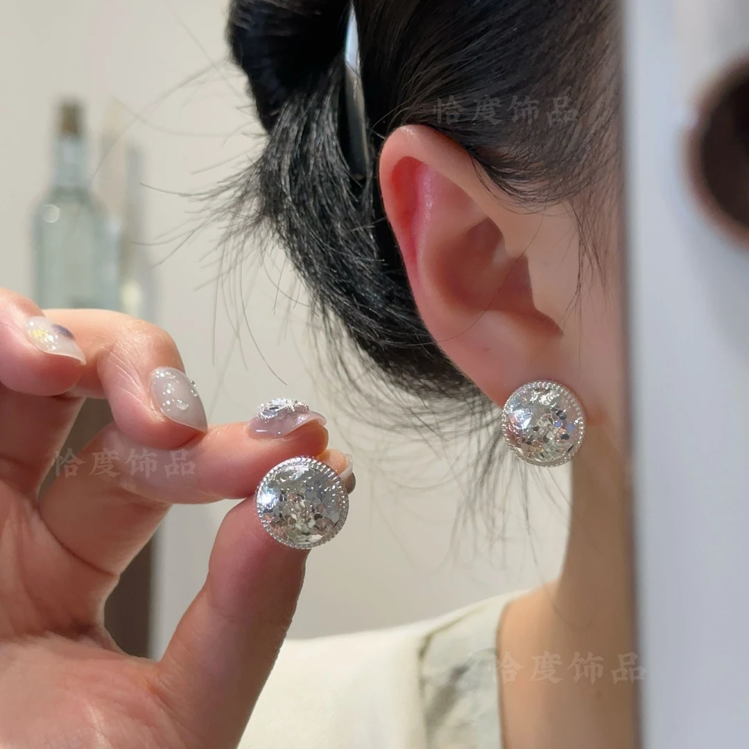 【恰度】银色碎冰冰车花圆形耳钉小众ins风