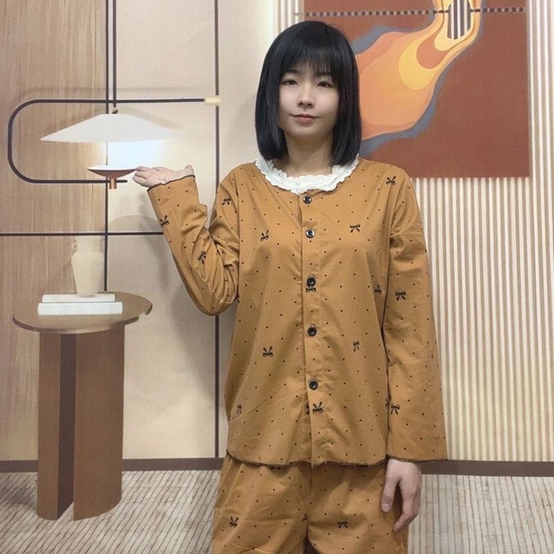 蜜茶色开衫带胸垫睡衣女士可外穿新款简约舒适长袖长裤套装家居服