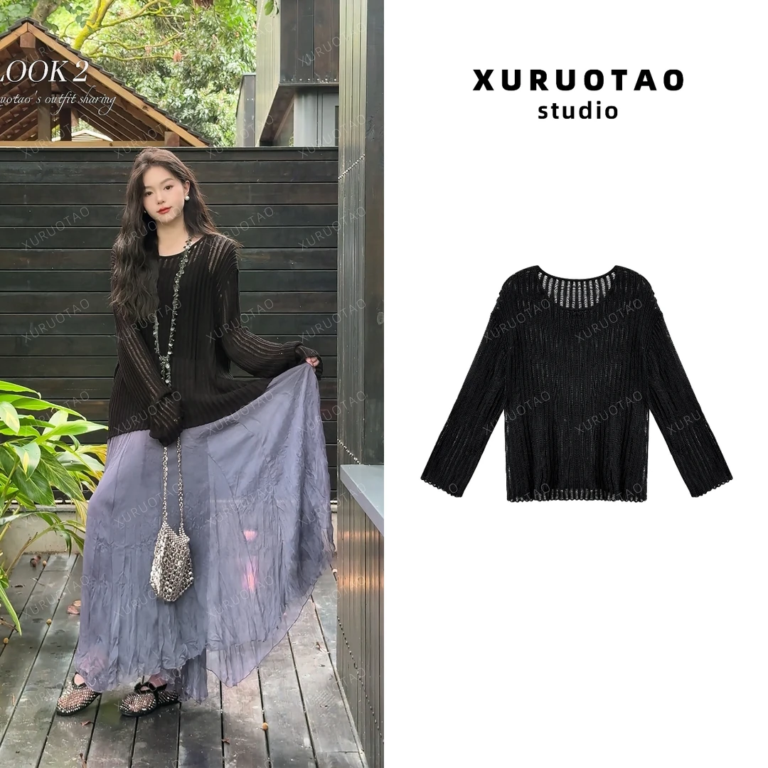 XURUOTAO 【黑松露】亚麻莱赛尔镂空针织设计显瘦黑色上衣 T5453
