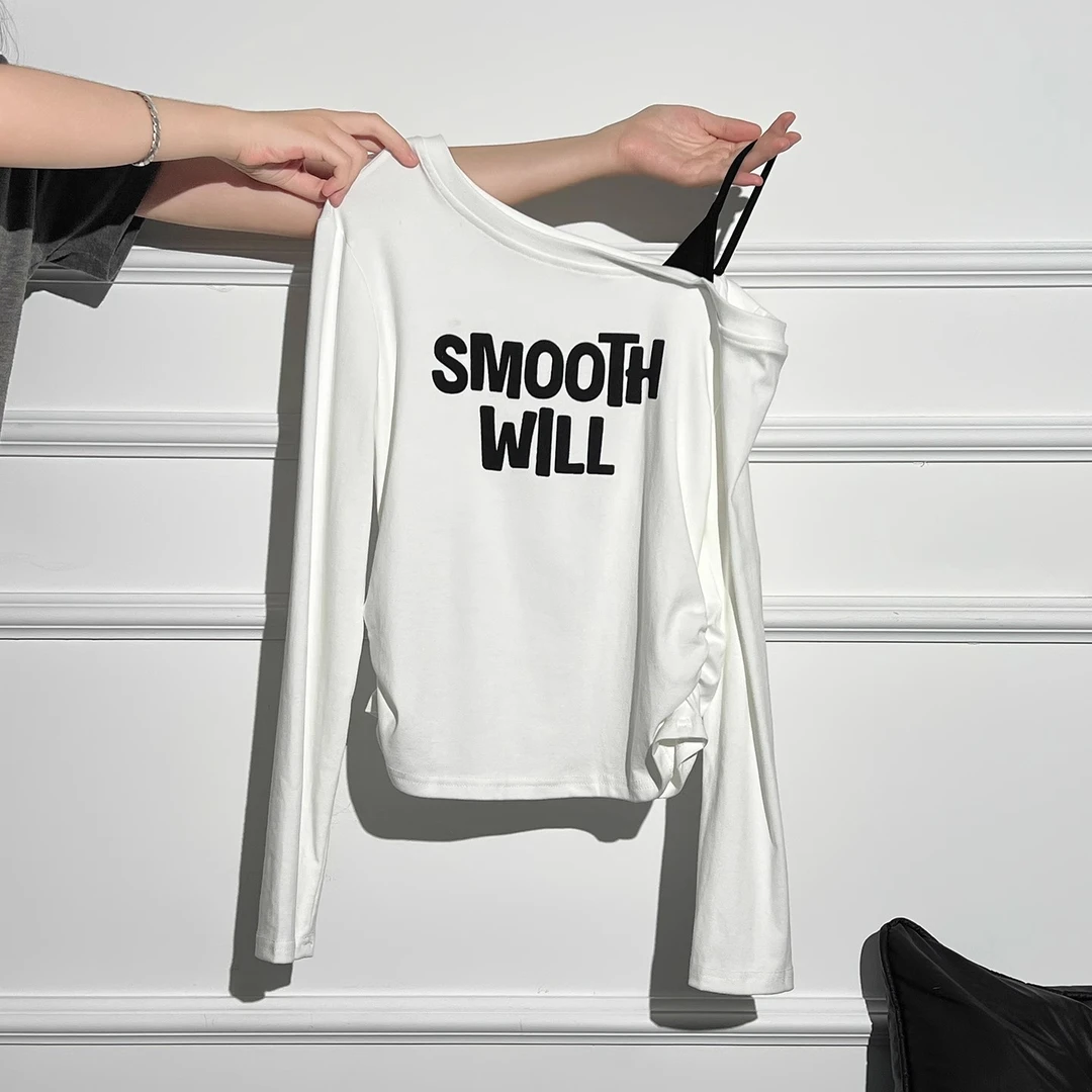 韩系白色斜肩字母印花长袖T恤女2025夏季设计感修身显瘦上衣INS风