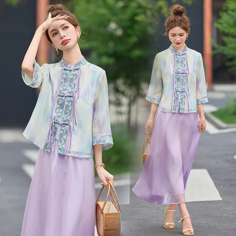 新中式重工提花刺绣盘扣立领开衫中袖上衣搭配复古半身裙两件套潮