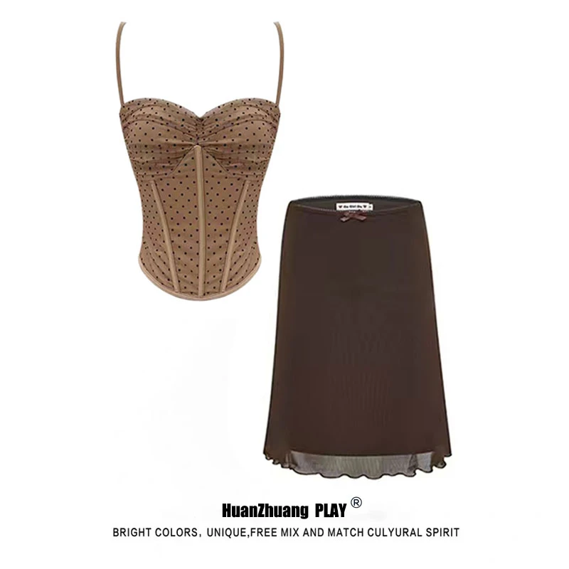 小香风套装名媛风气质波点吊带背心A字包臀裙子两件套