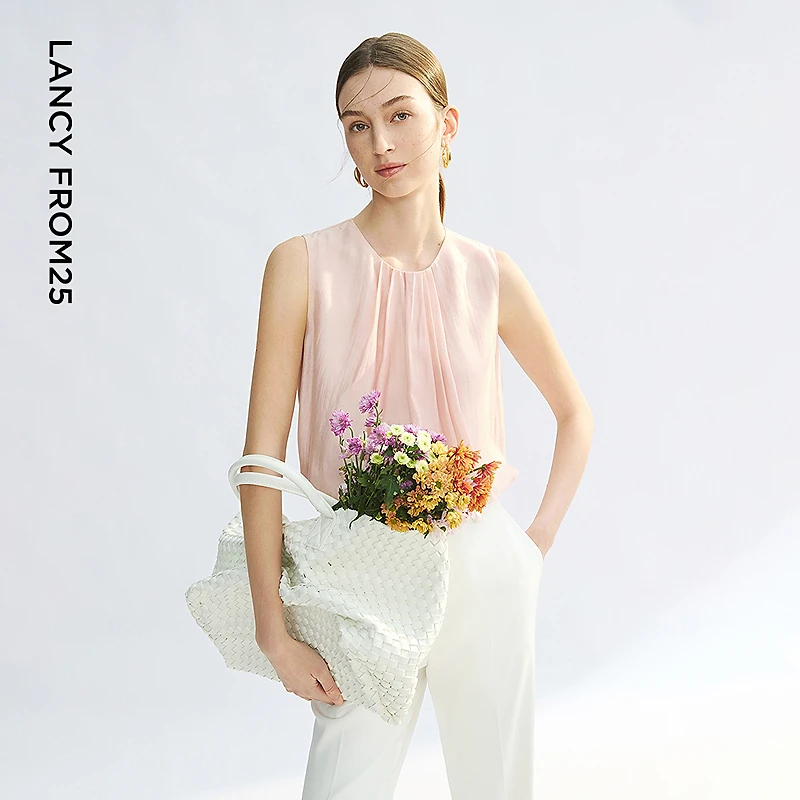 朗姿法式莱赛尔圆领捏褶无袖衬衫粉色气质上衣女2025年夏季新款