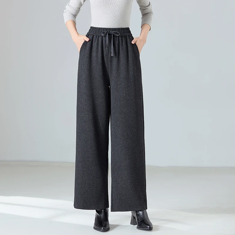 高腰毛呢阔腿裤女秋季新款宽松大码胖MM抽绳松紧腰直筒女裤休闲裤