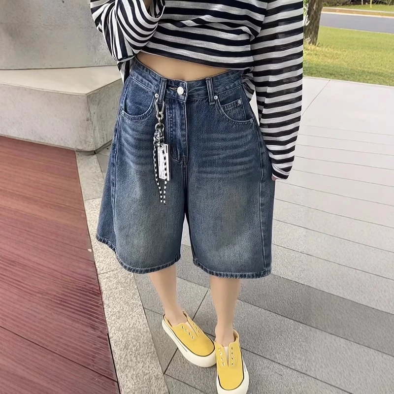 大码美式牛仔短裤女夏季胖mm五分裤休闲宽松阔腿裤