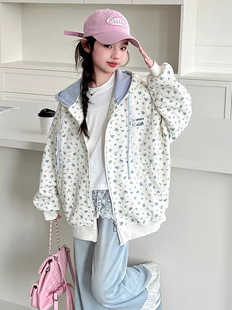 女大童春装连帽外套2025新款初中生洋气甜美碎花上衣女孩春秋外衣