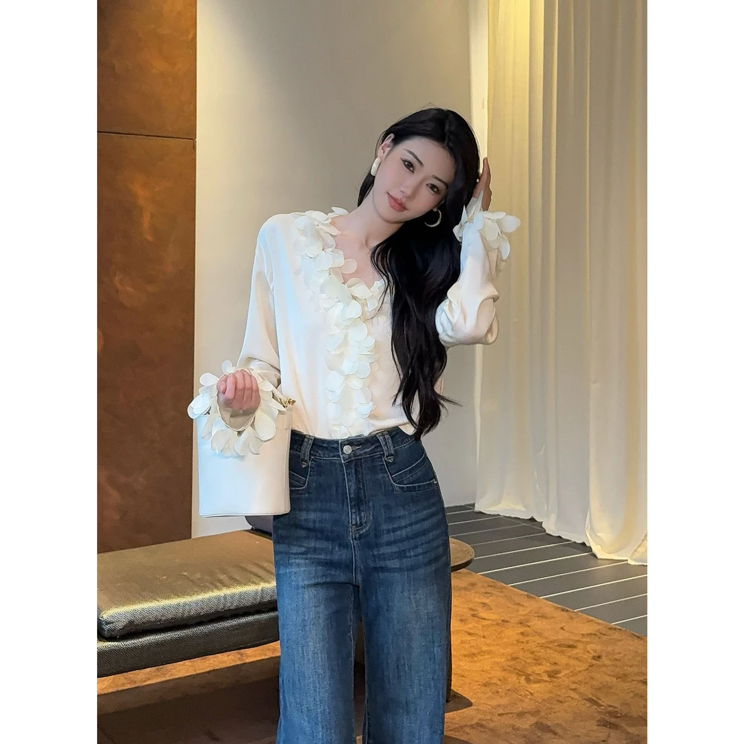 JIJINQI秋款梭织显瘦气质花瓣长袖时尚百搭打底上衣女JD07SZXL922