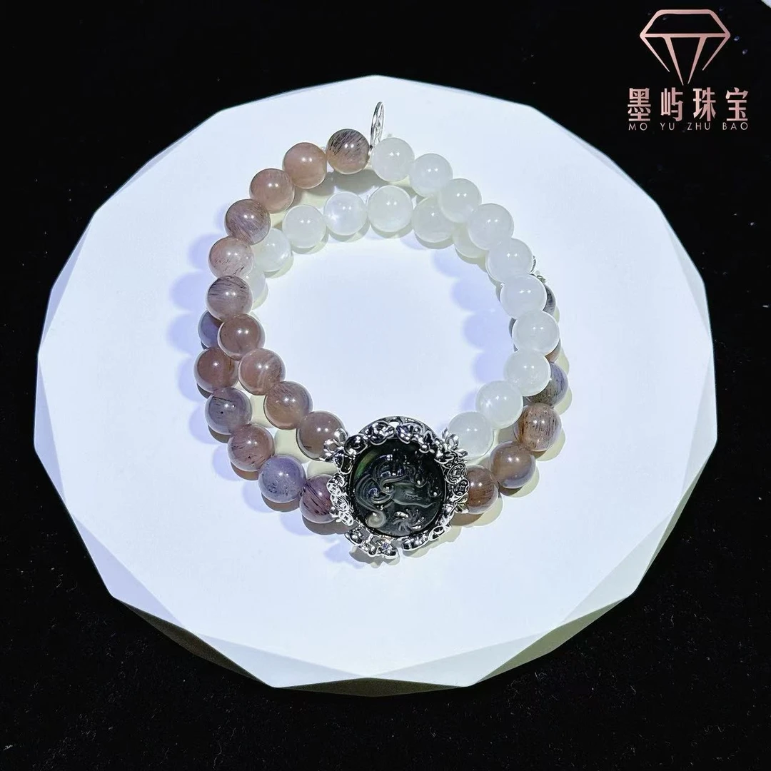 天然月光双圈手串搭配黑贝独角兽