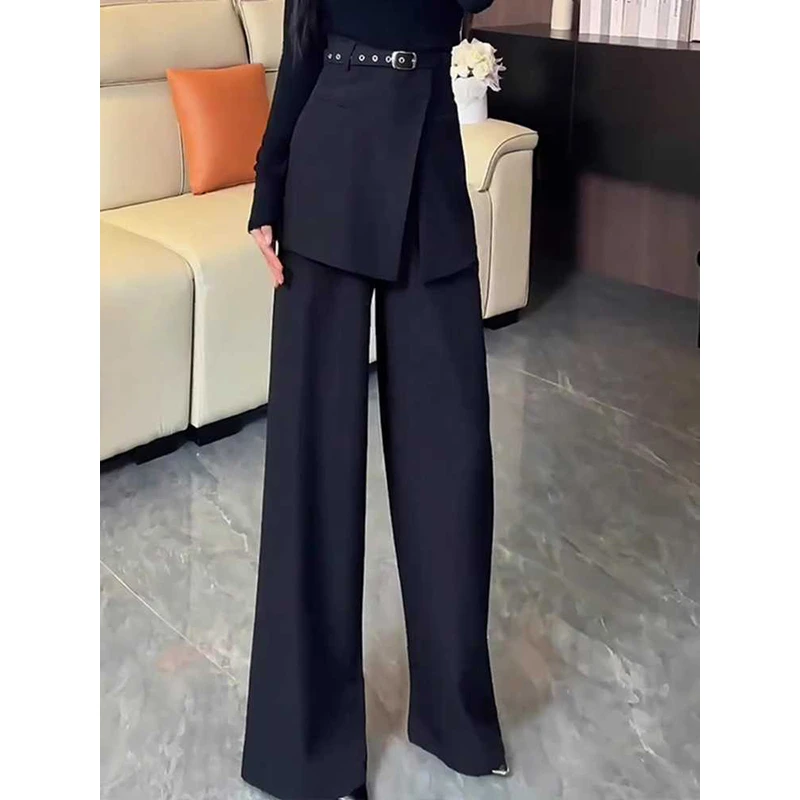 2025春季新款欧货小众设计假两件宽松显瘦炸街高级黑色屁帘阔腿裤