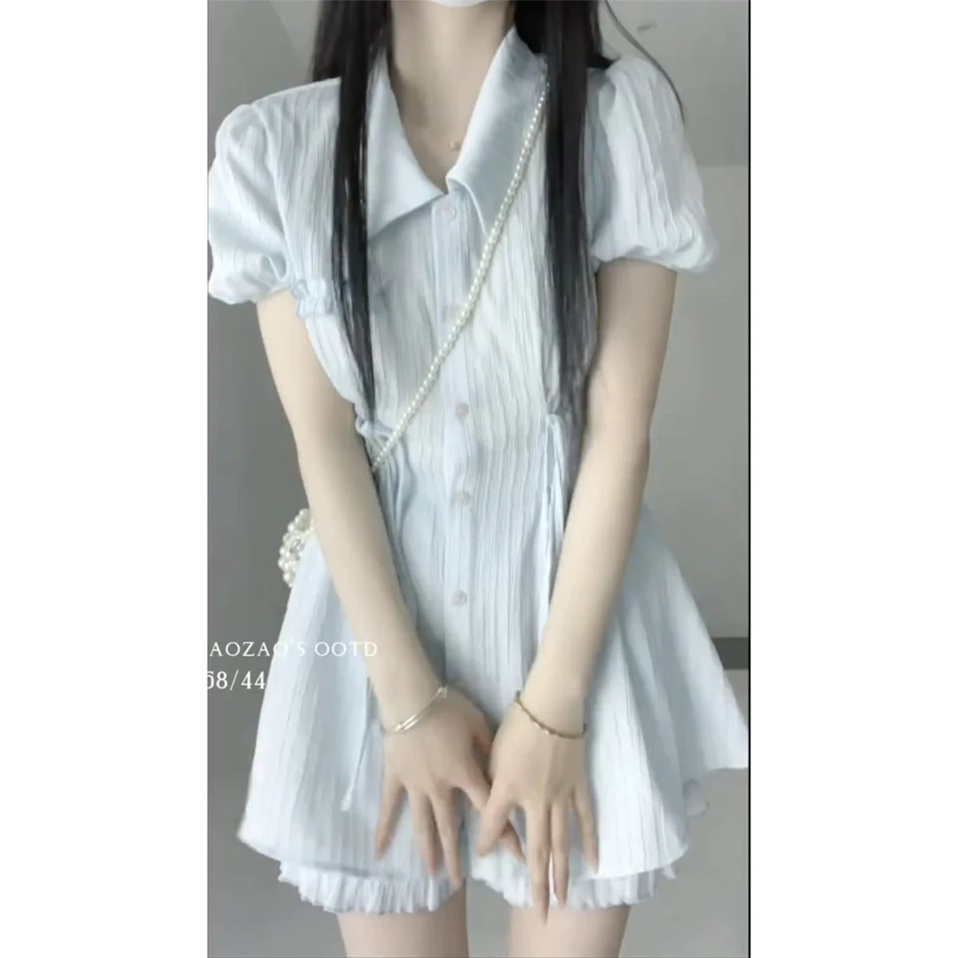 真两件【裙子+短裤】糖霜蓝莓新款甜美衬衫连衣裙夏季套装自带短裤