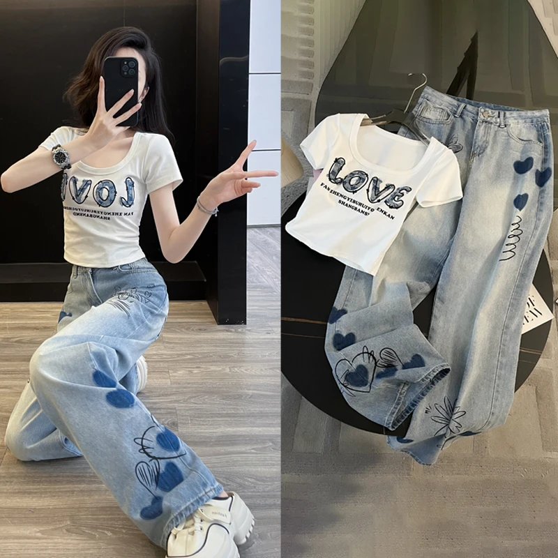 辣妹修身印花短袖T恤时尚套装夏季显瘦高腰休闲直筒牛仔裤两件套