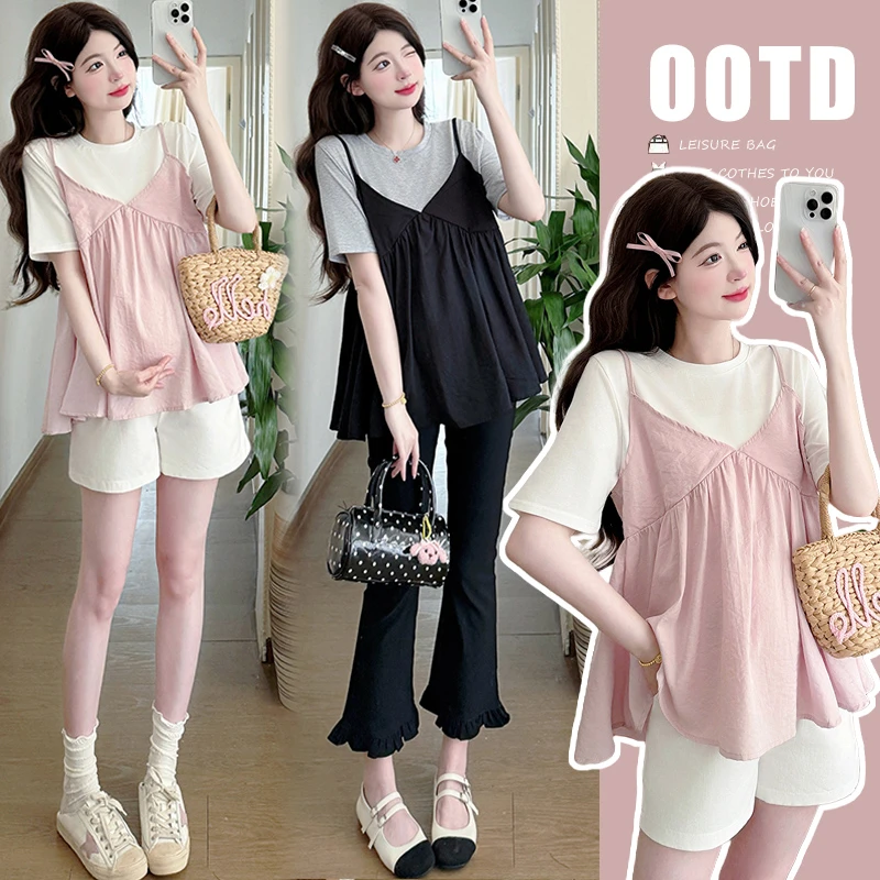 孕妇套装 2025夏季韩版假两件宽松上衣+高腰显瘦舒适孕妇裤九分