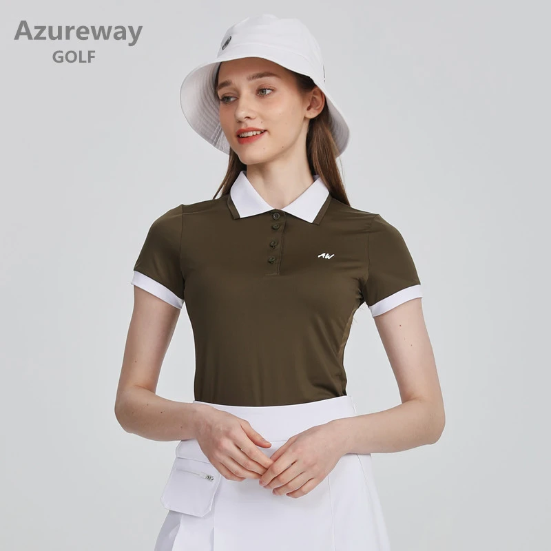 Azureway高尔夫时尚女短袖新款速干弹力拼色百搭T恤衫GOLF球上衣