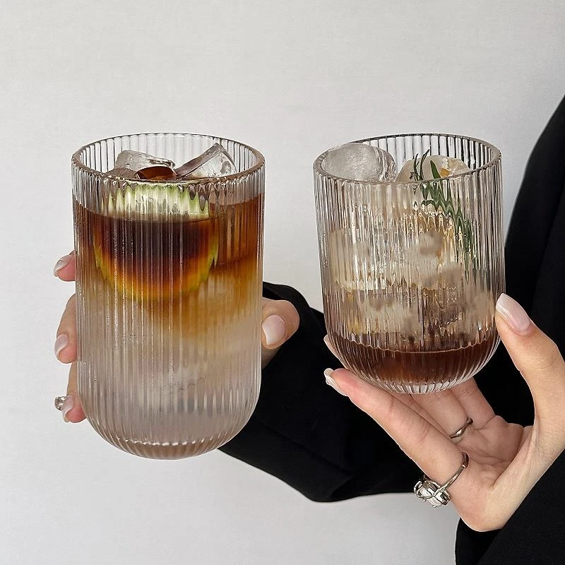 款条纹玻璃杯冰美式咖啡杯冷萃拿铁杯气泡水杯果汁饮料杯加厚玻璃