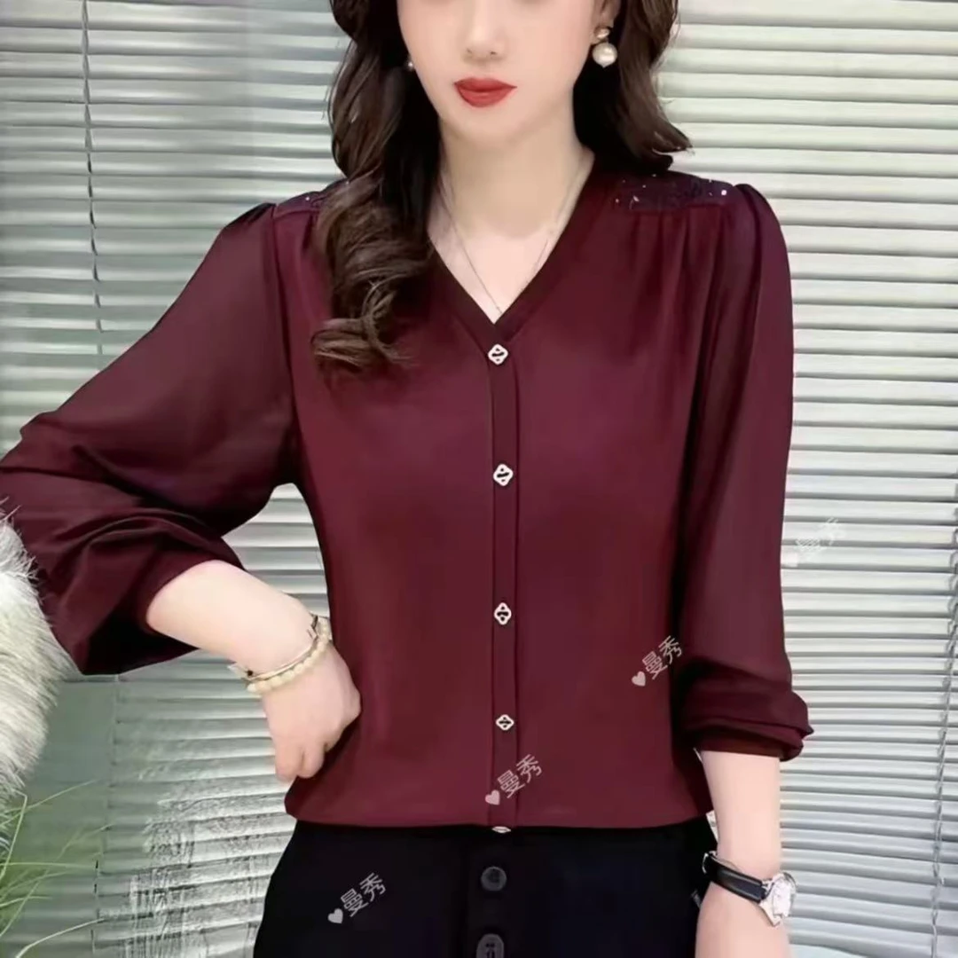 秋季新款时尚V领烫钻假开衫拼雪纺袖百搭遮肚纯色长袖上衣女士
