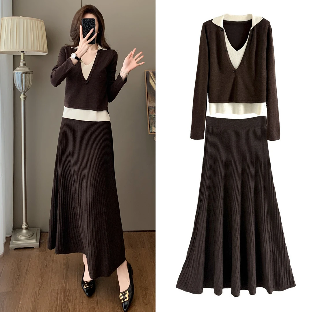 网红早秋穿搭时尚套装长袖针织衫复古显瘦高腰包臀半身长裙两件套