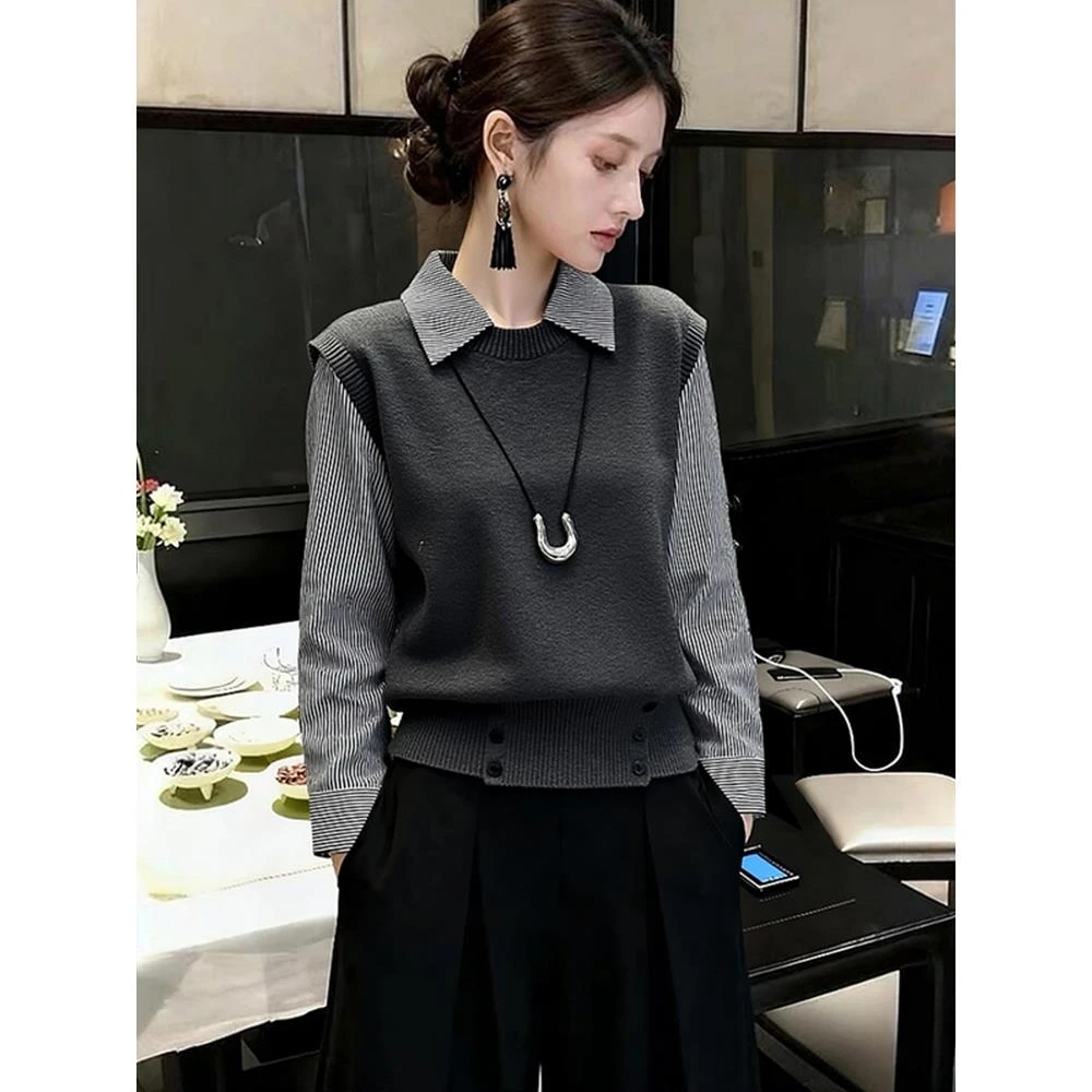 秋季高级感超好看独特别致绝美软糯慵懒风灰色假两件毛衣针织衫女